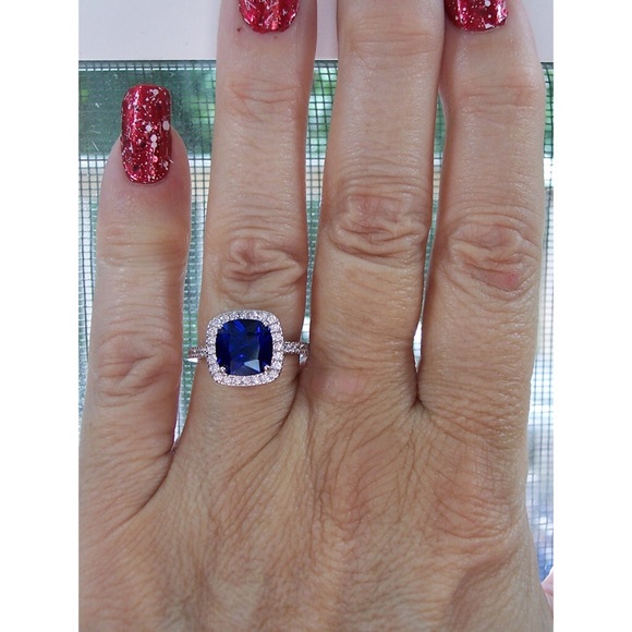 925 STERLING SILVER Cushion Cut Blue Spinel & Cubic Zirconia Halo Ring - Picture 9 of 16